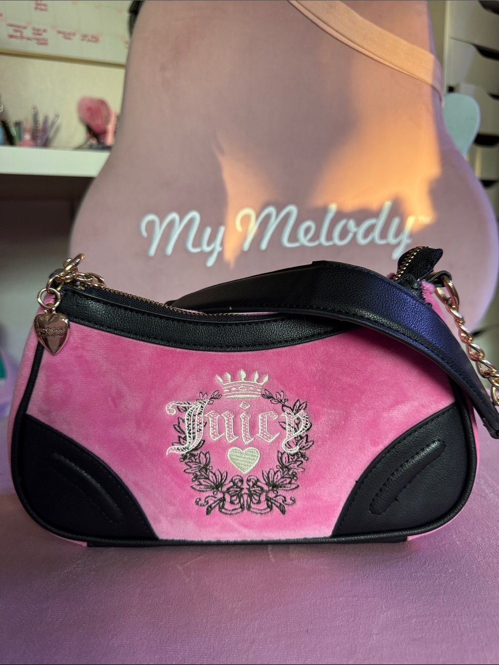 Juicy Couture Pink and Black Velvet Shoulder Bag with Gold Accents